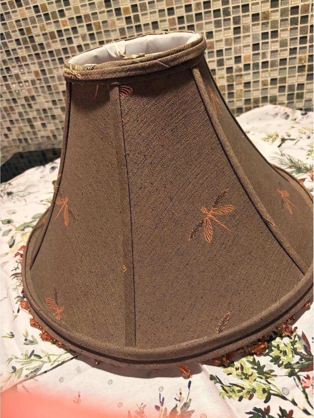 brown fabric shade,embroidered dragonflies and beaded fringe by Maitland Smith.